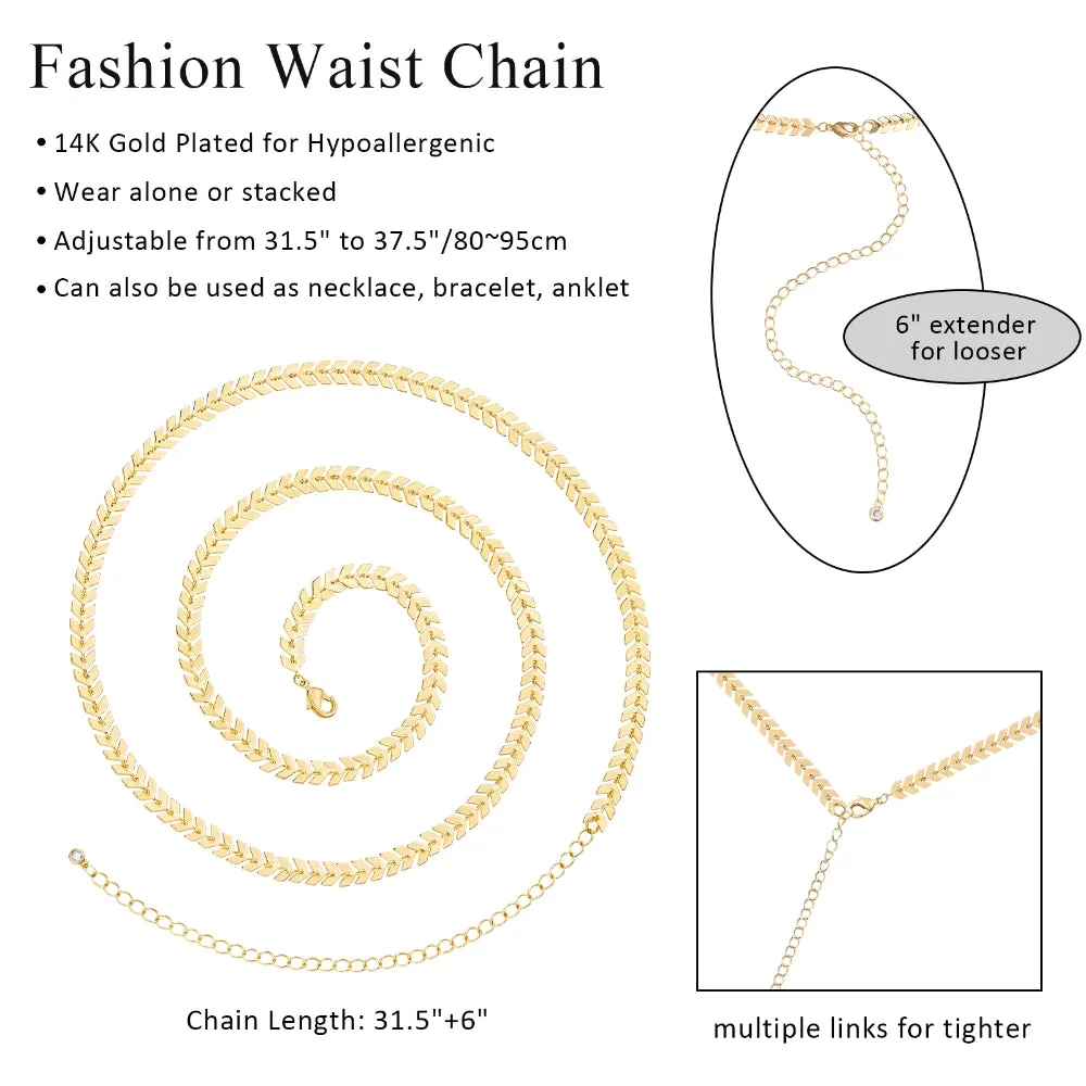 14K Gold Adjustable Sexy Waist Body Chains- Gold-Fishbone