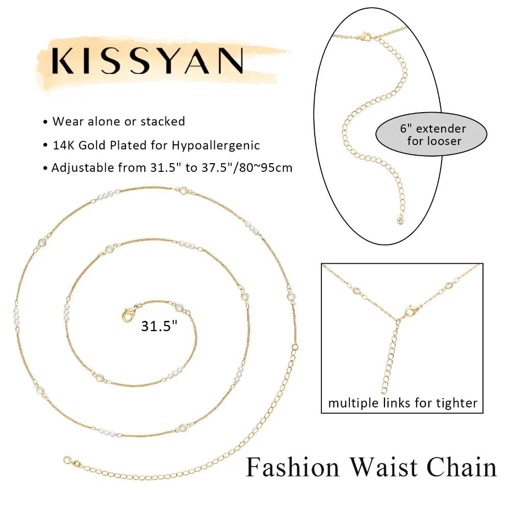 14K Gold Adjustable Sexy Waist Body Chains- Pearl & Cuban