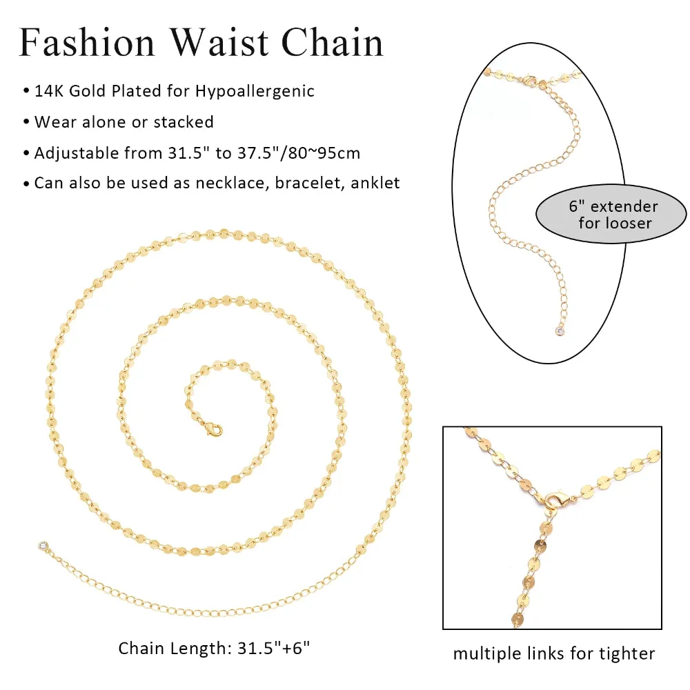 14K Gold Adjustable Sexy Waist Body Chains-Wafer Chain