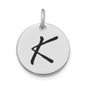 14k White Gold Polished Rhodium Black Epoxy Finish Letter K Initial Disk Shape Charm Pendant