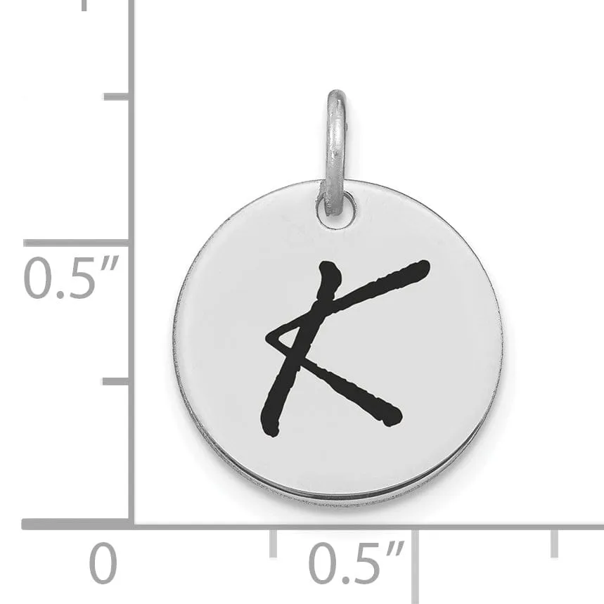 14k White Gold Polished Rhodium Black Epoxy Finish Letter K Initial Disk Shape Charm Pendant