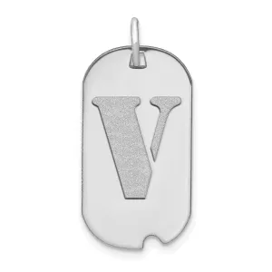 14k White Gold Rhodium Polished Finish Block Letter V Initial Dog Tag Charm Pendant