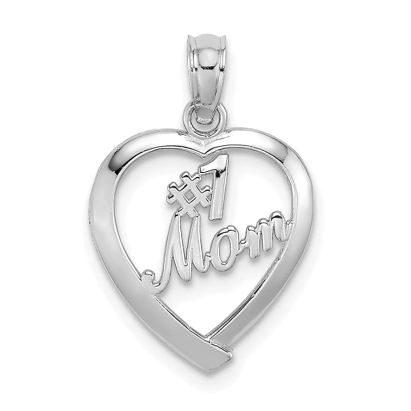 14K White Gold Solid Polished Finish #1 MOM with in Heart Design Charm Pendant