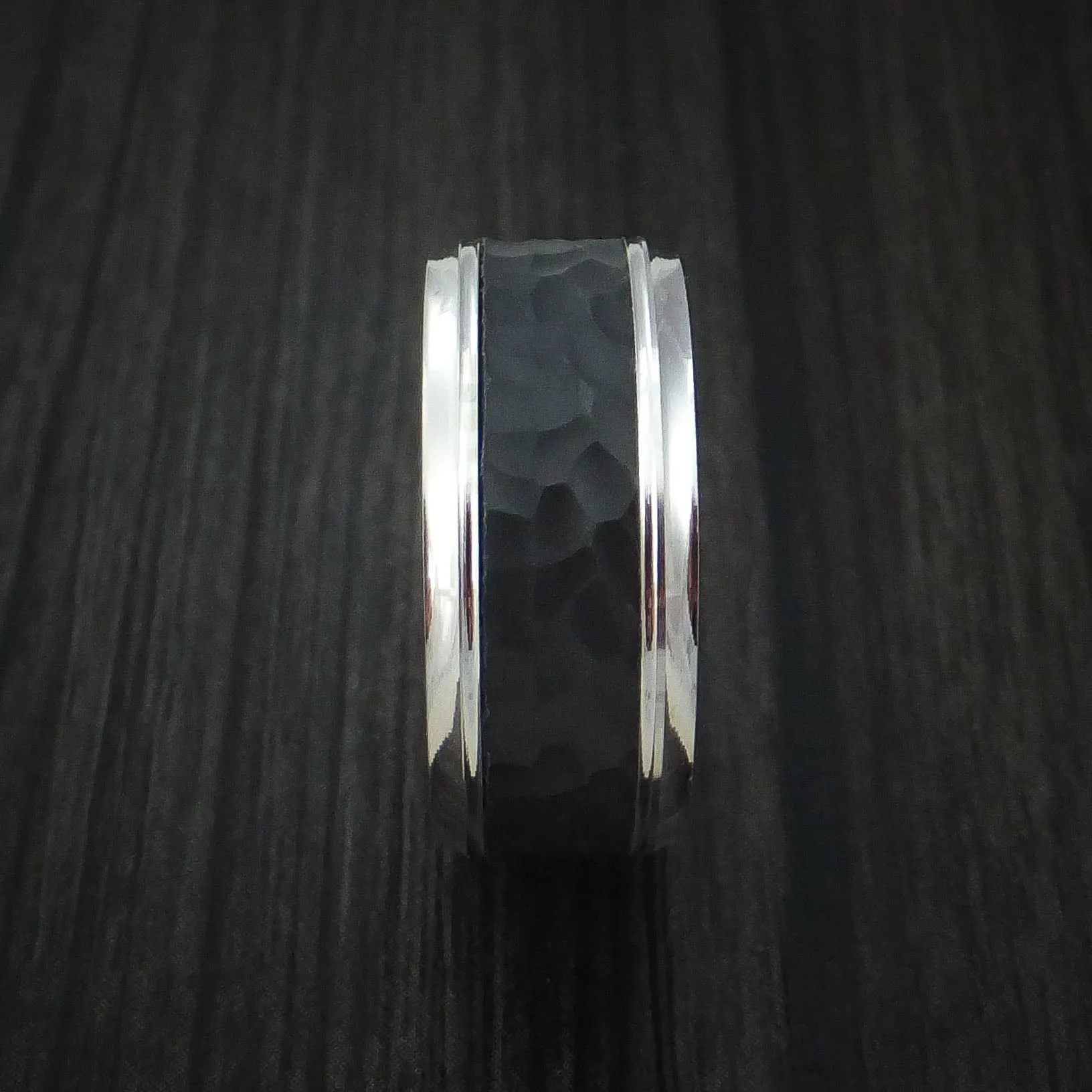 14K White Gold with Hammered Carbon Fiber Custom Made Men's Band