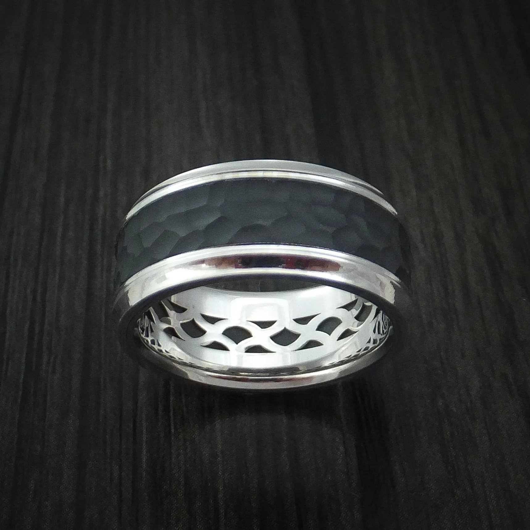 14K White Gold with Hammered Carbon Fiber Custom Made Men's Band