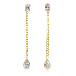 14K Yellow Gold Oval And Drop White Cuban Chain Earrings