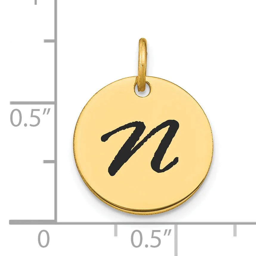 14k Yellow Gold Polished Black Epoxy Finish Letter N Initial Disk Shape Charm Pendant