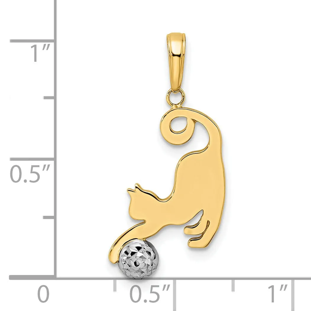 14k Yellow Gold White Rhodium Open Back Solid Polished Diamond Cut Finish Cat and Ball Charm Pendant