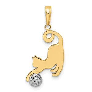 14k Yellow Gold White Rhodium Open Back Solid Polished Diamond Cut Finish Cat and Ball Charm Pendant