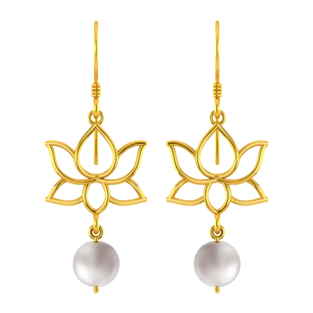 18k Gold Earrings With A Lotus Design And A Pearl