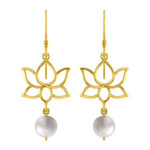 18k Gold Earrings With A Lotus Design And A Pearl