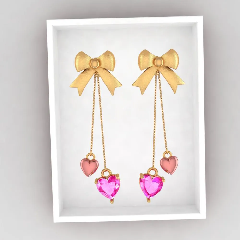 22k Combined With Hearts And Bow Style Gold Earrings