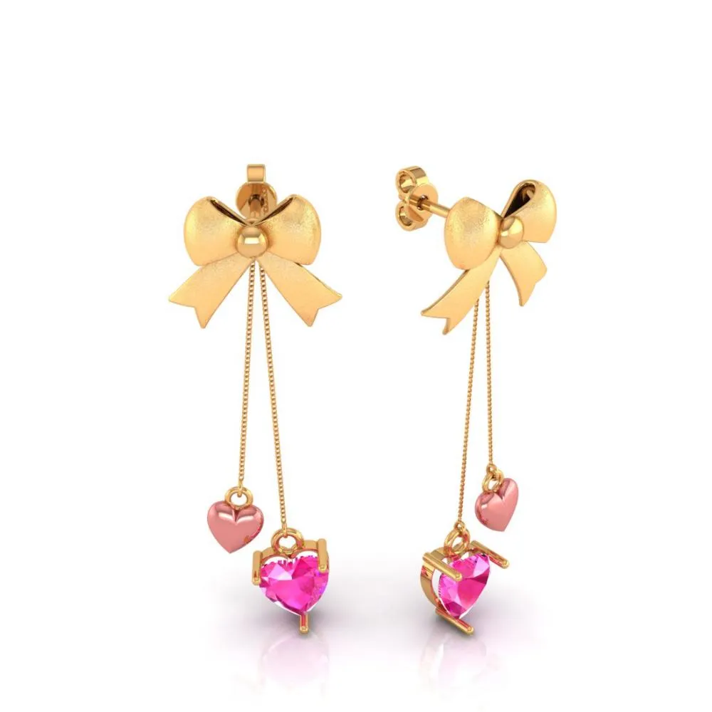 22k Combined With Hearts And Bow Style Gold Earrings