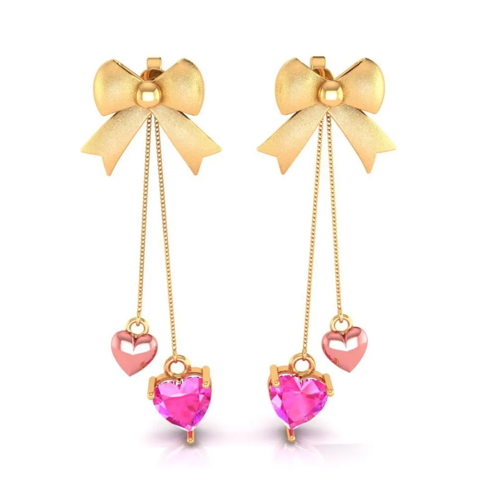 22k Combined With Hearts And Bow Style Gold Earrings