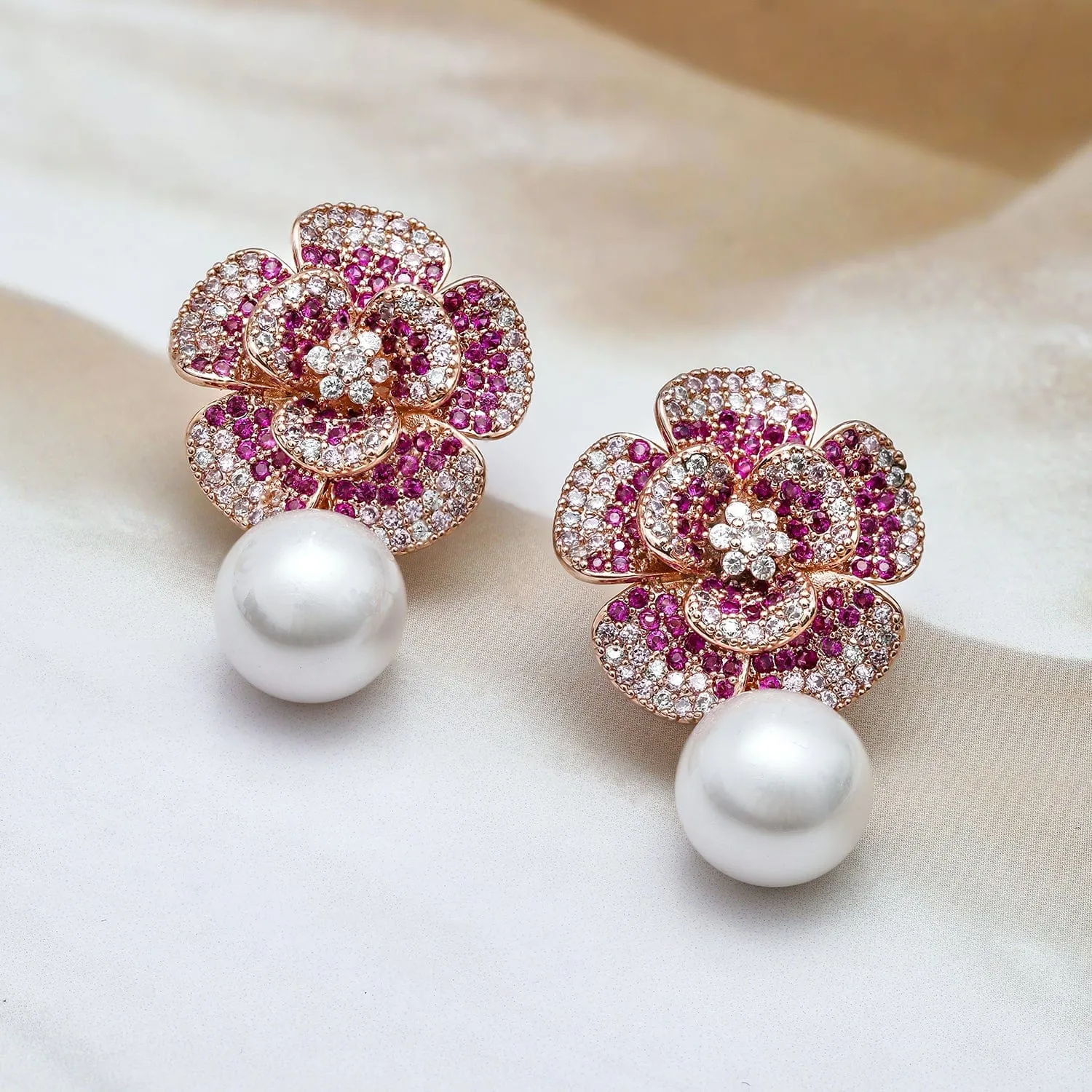 22K Rose Gold-Plated Ruby Pink AD & Cubic Zirconia Studded Floral Pearl Drop Earrings