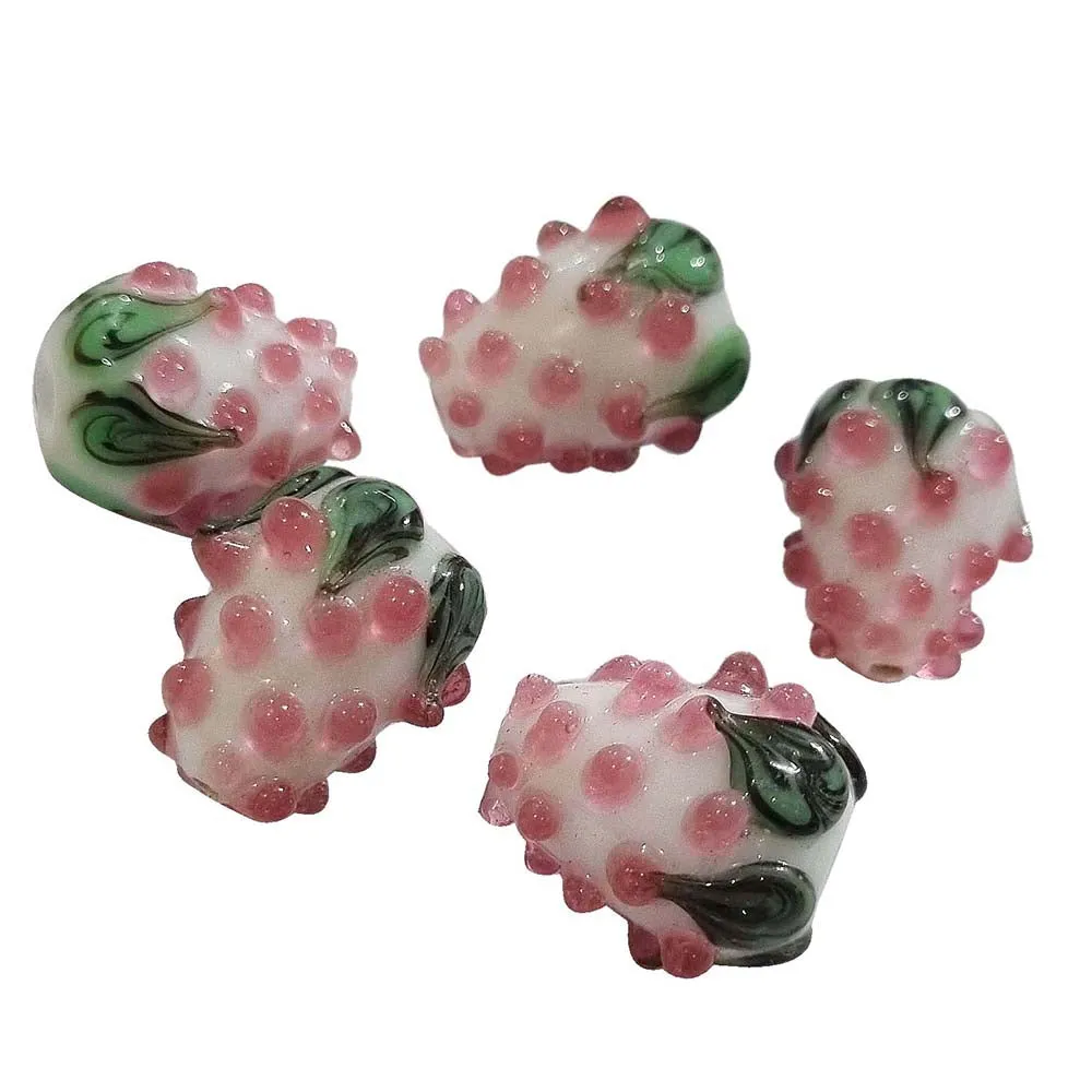 6 Pcs Pkg. STRAWBERRY BEADS HANDMADE LAMPWORK GLASS BEADS