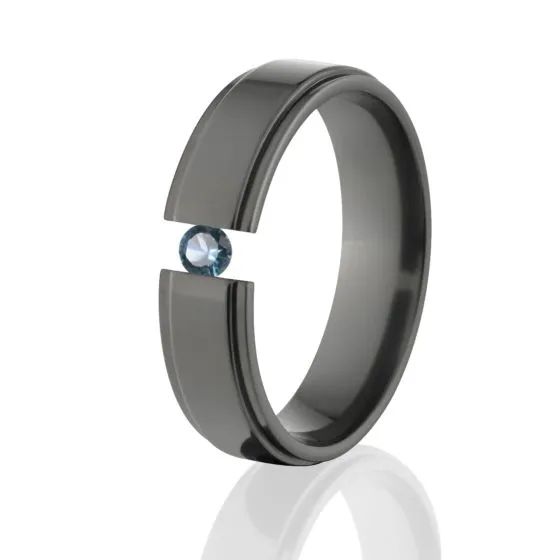 6mm Black Tension Set Ring, Black Ring, Blue Topaz