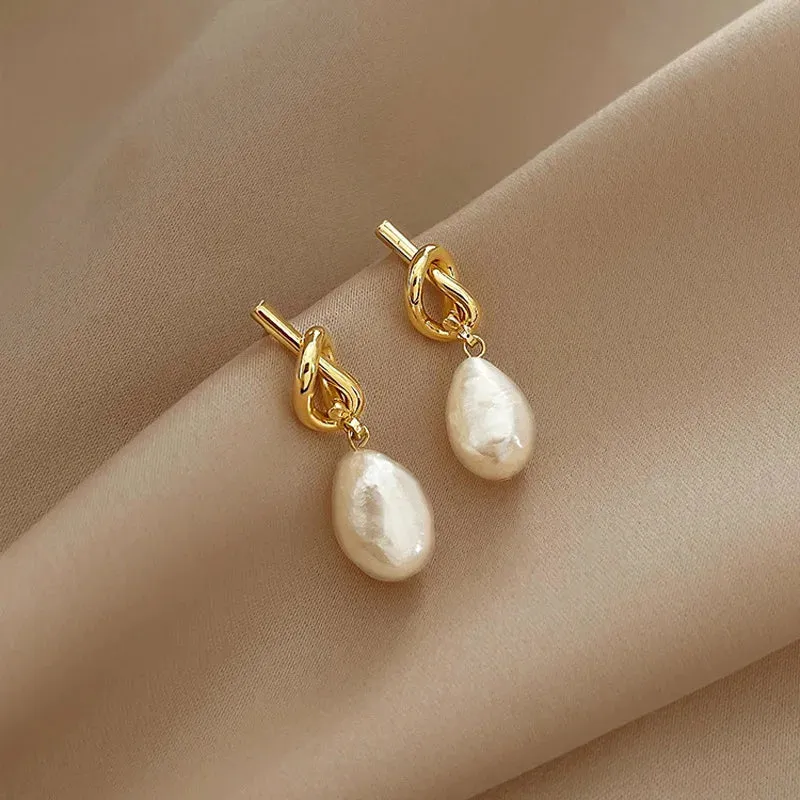 925 Sterling Silver Drop Earrings Charm Jewelry - Knot Irregular Pearl - TSJ99