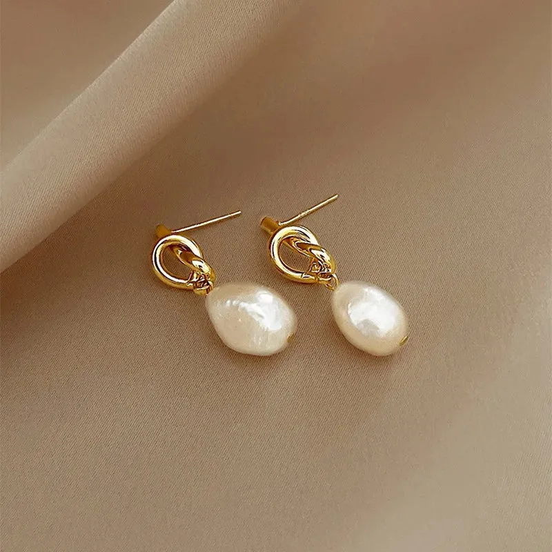 925 Sterling Silver Drop Earrings Charm Jewelry - Knot Irregular Pearl - TSJ99