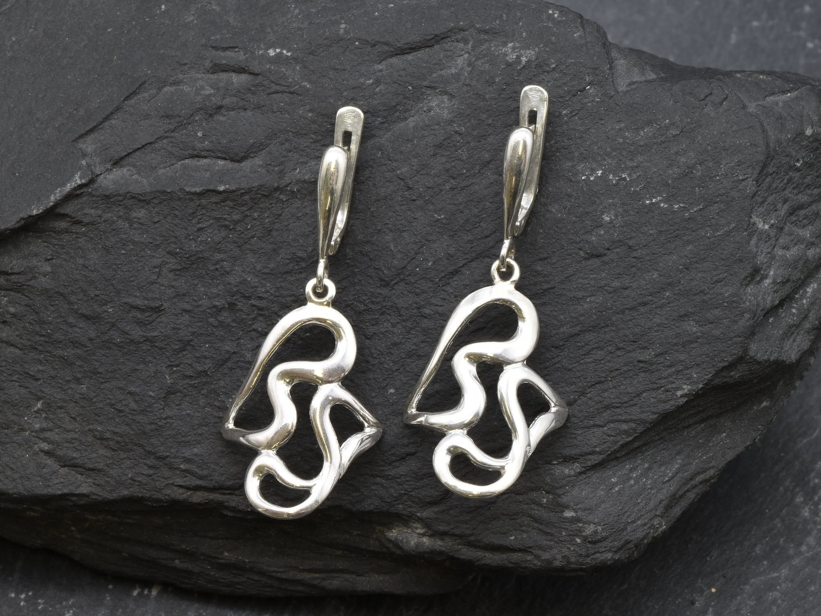 Abstract Heart Earrings - Long Dangling Earrings, Artistic Silver Earrings