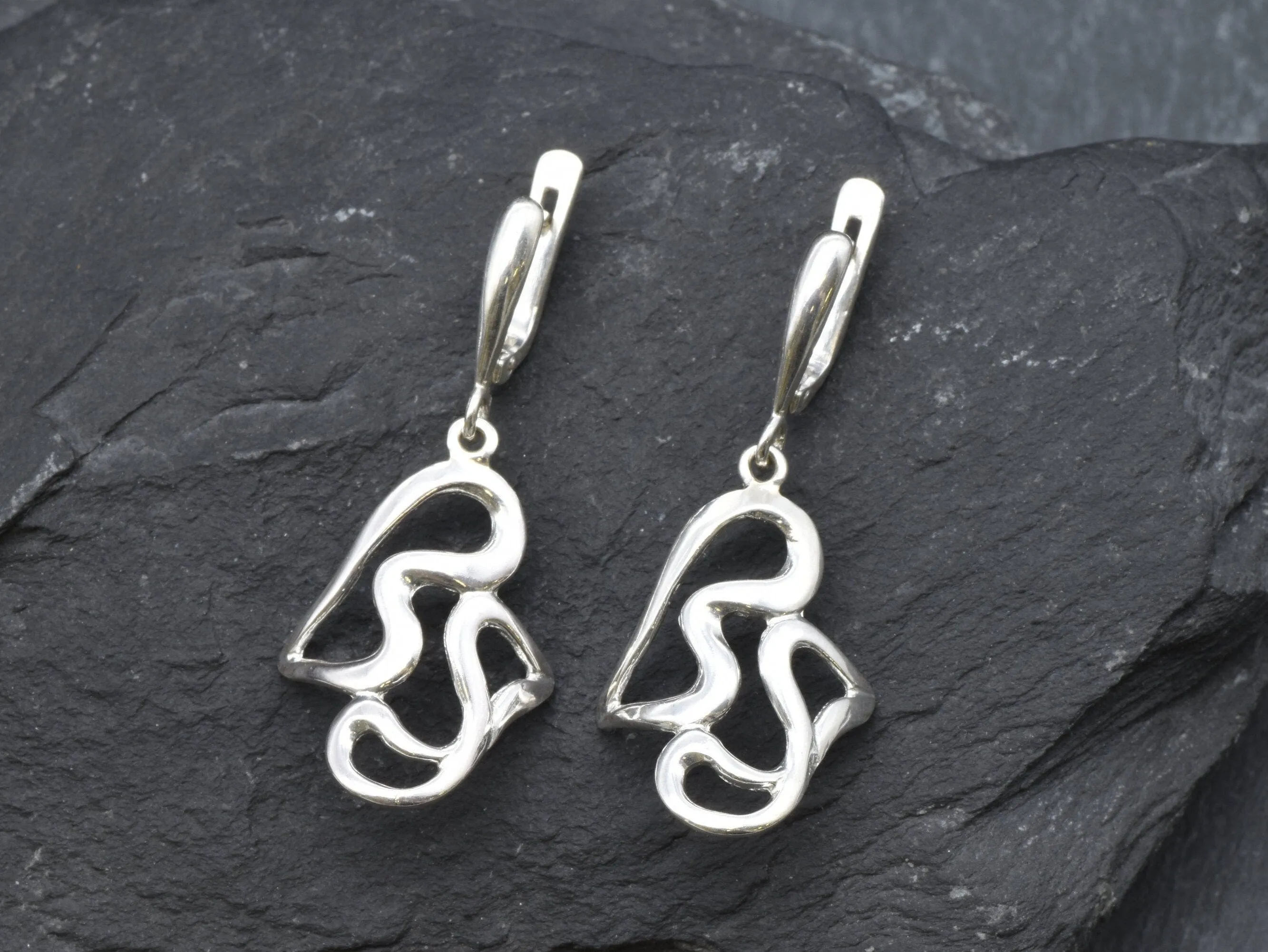 Abstract Heart Earrings - Long Dangling Earrings, Artistic Silver Earrings