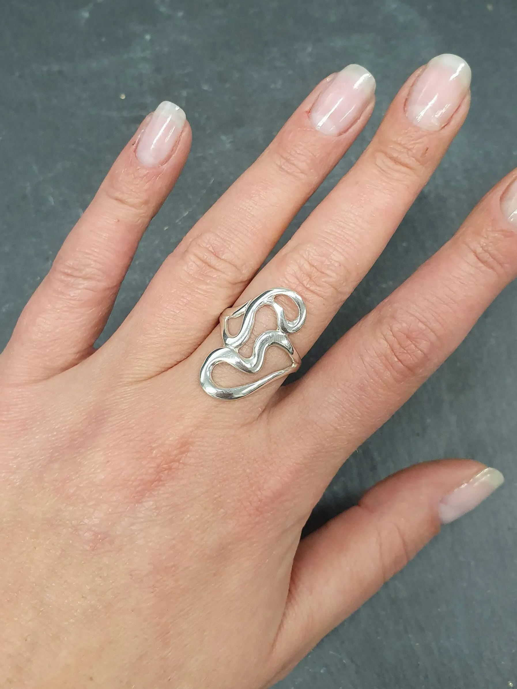 Abstract Heart Ring -  Long Artistic Ring, Statement Silver Ring