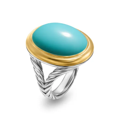 Albion Oval Ring in Sterling Silver with 18K Yellow Gold and Turquoise, Size 6