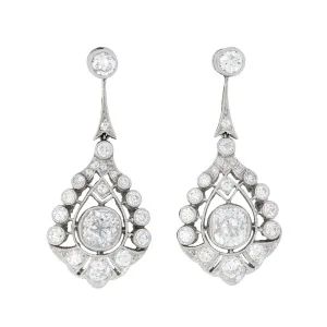 Art Deco Platinum Diamond Teardrop Dangle Earrings