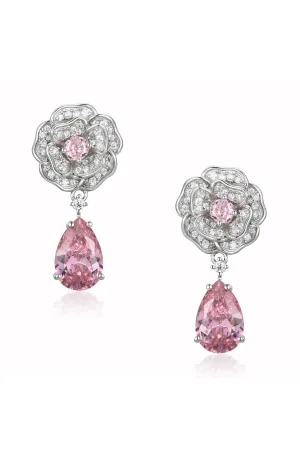 'Baroness' Flower and Pink Crystal Drop Silver Earrings