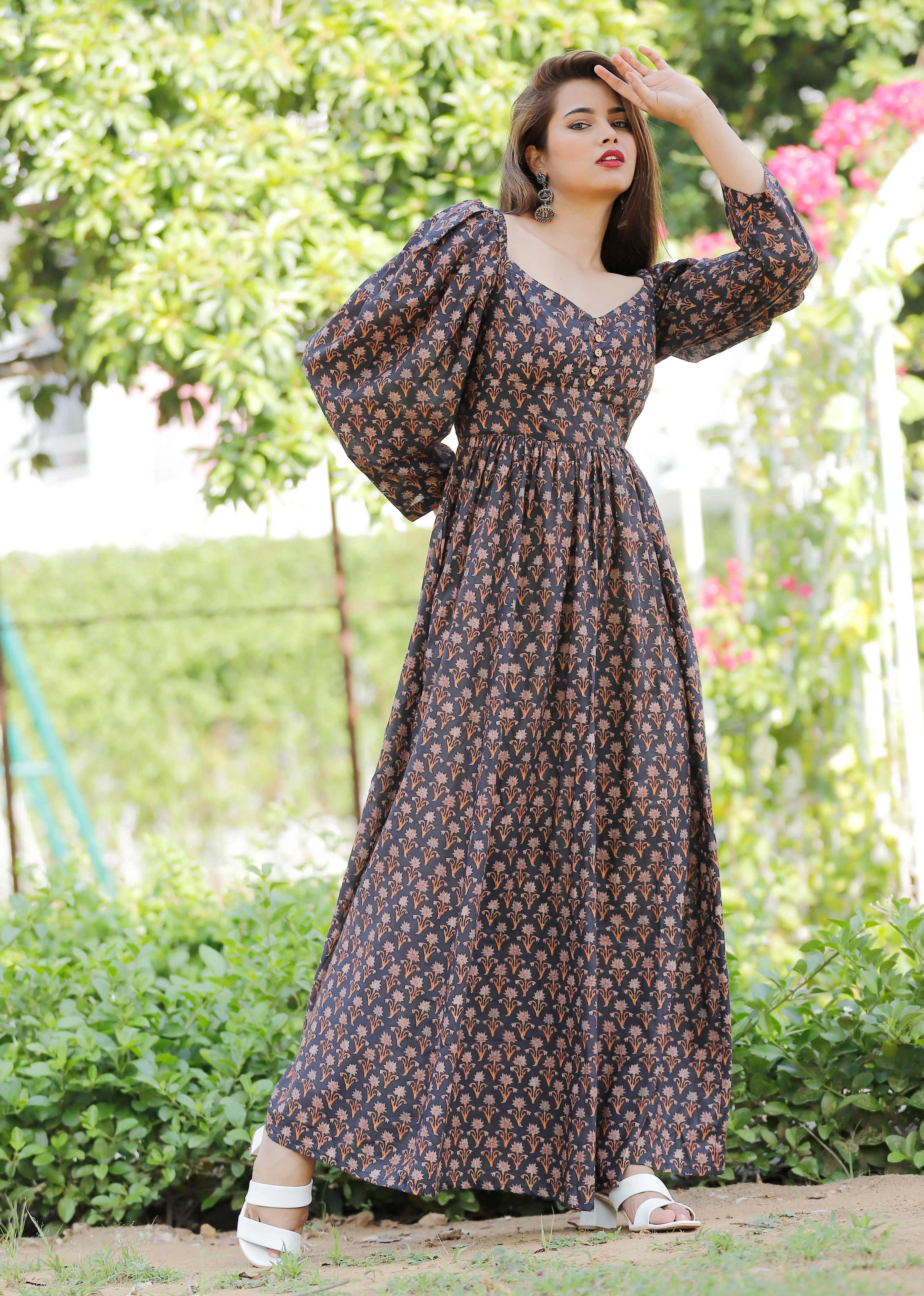 Bishop Sleeves on a Floral Cotton Long Maxi Dress