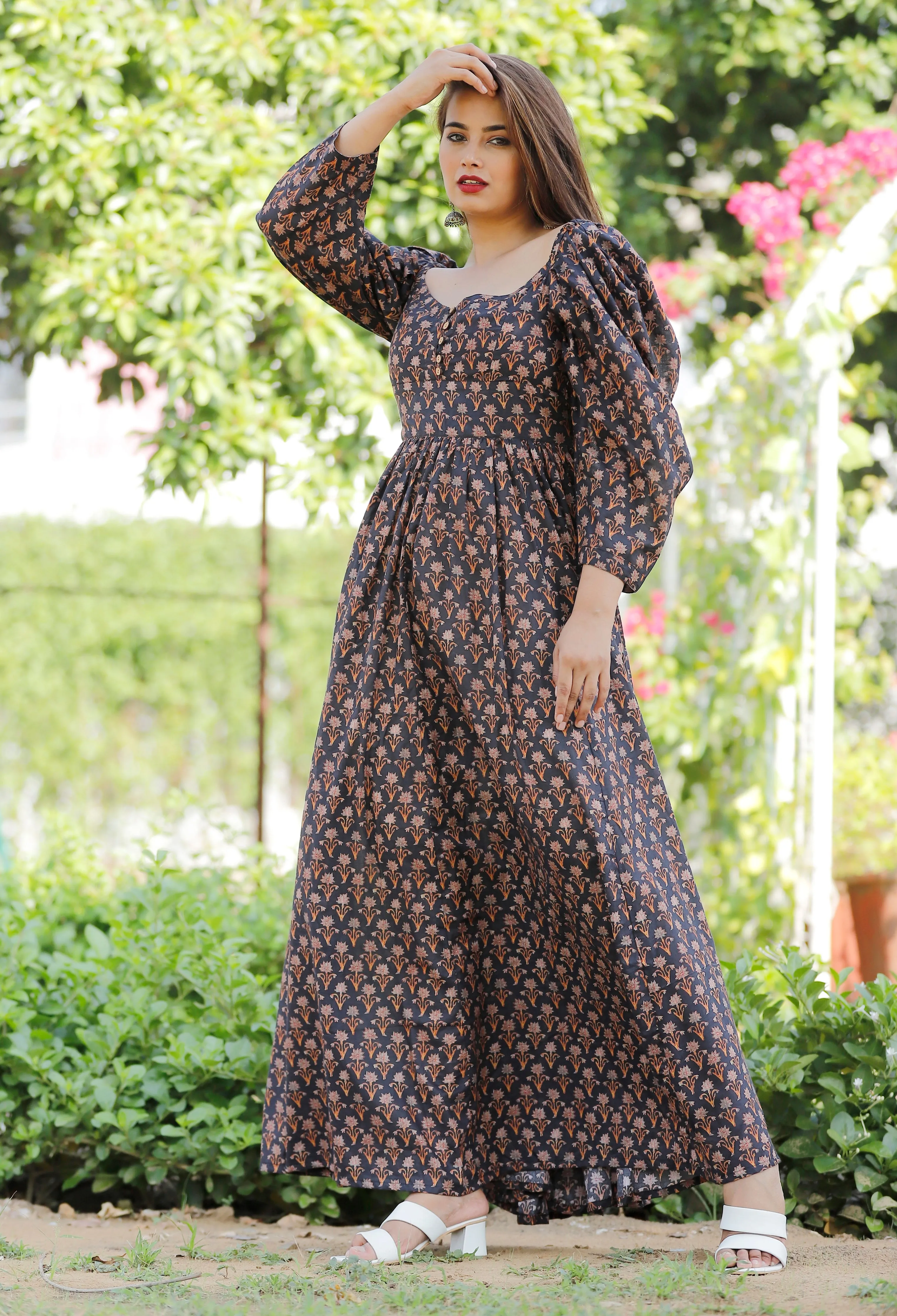 Bishop Sleeves on a Floral Cotton Long Maxi Dress