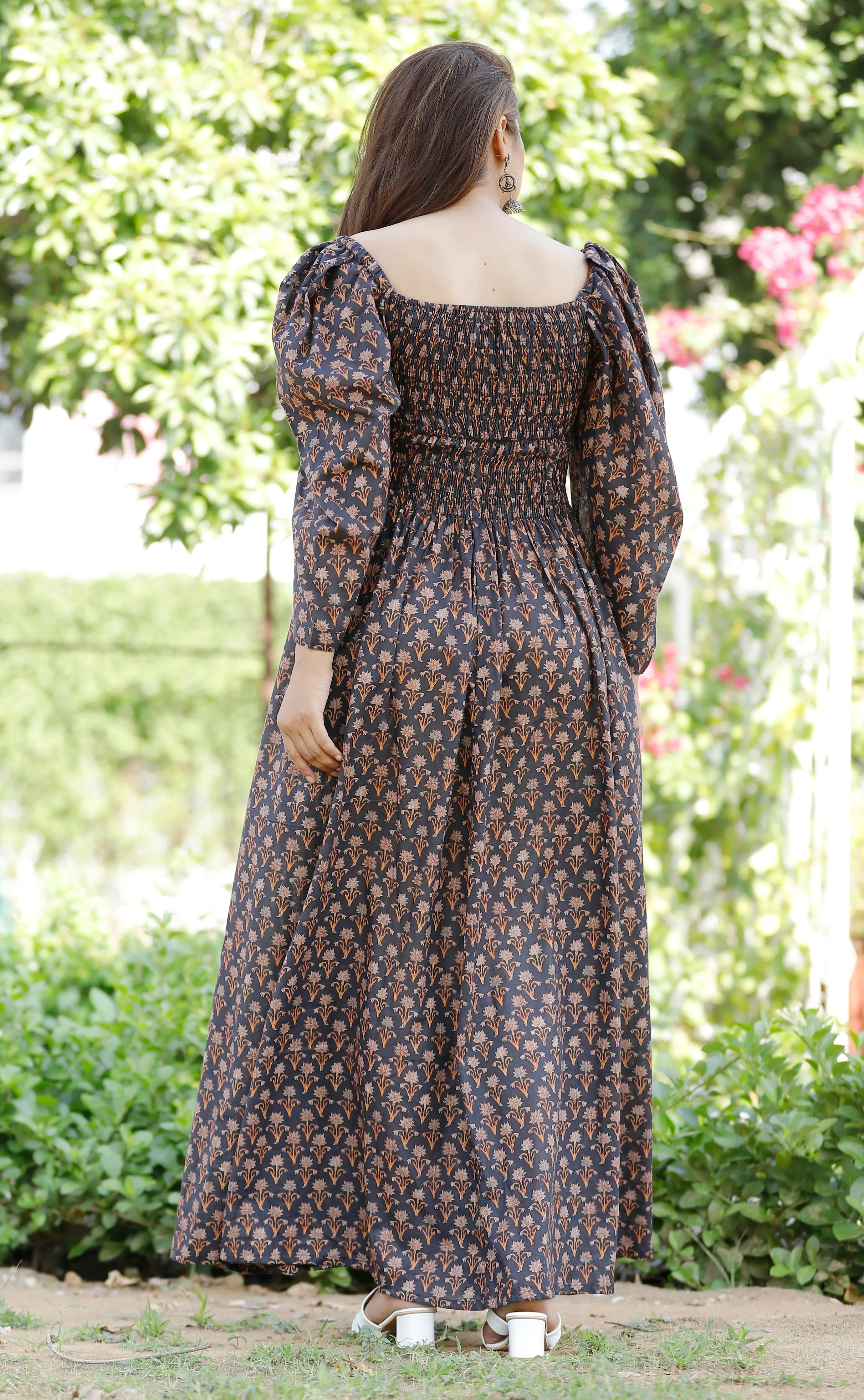 Bishop Sleeves on a Floral Cotton Long Maxi Dress