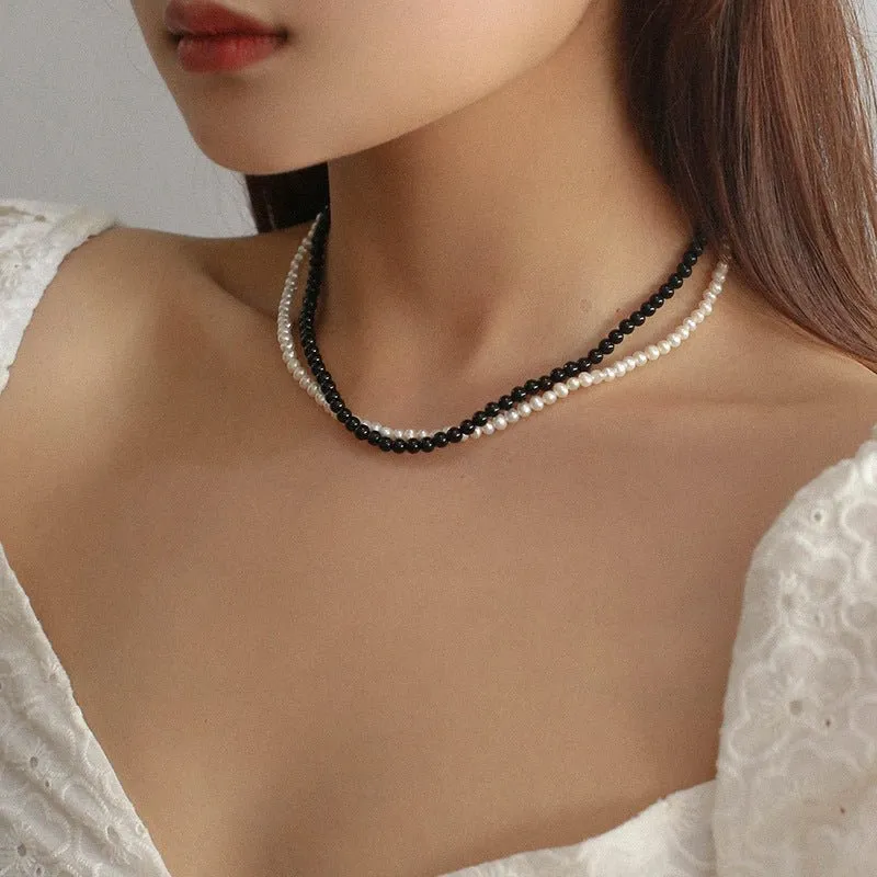 Black Agate Natural Pearl Double Layer Necklace