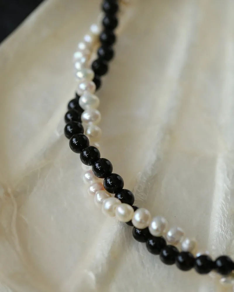 Black Agate Natural Pearl Double Layer Necklace