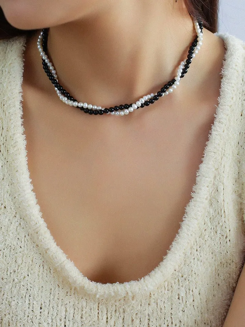 Black Agate Natural Pearl Double Layer Necklace