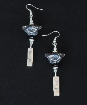 Black Czech Glass Bird Earrings with Sterling Silver Discs and Earring Dangles