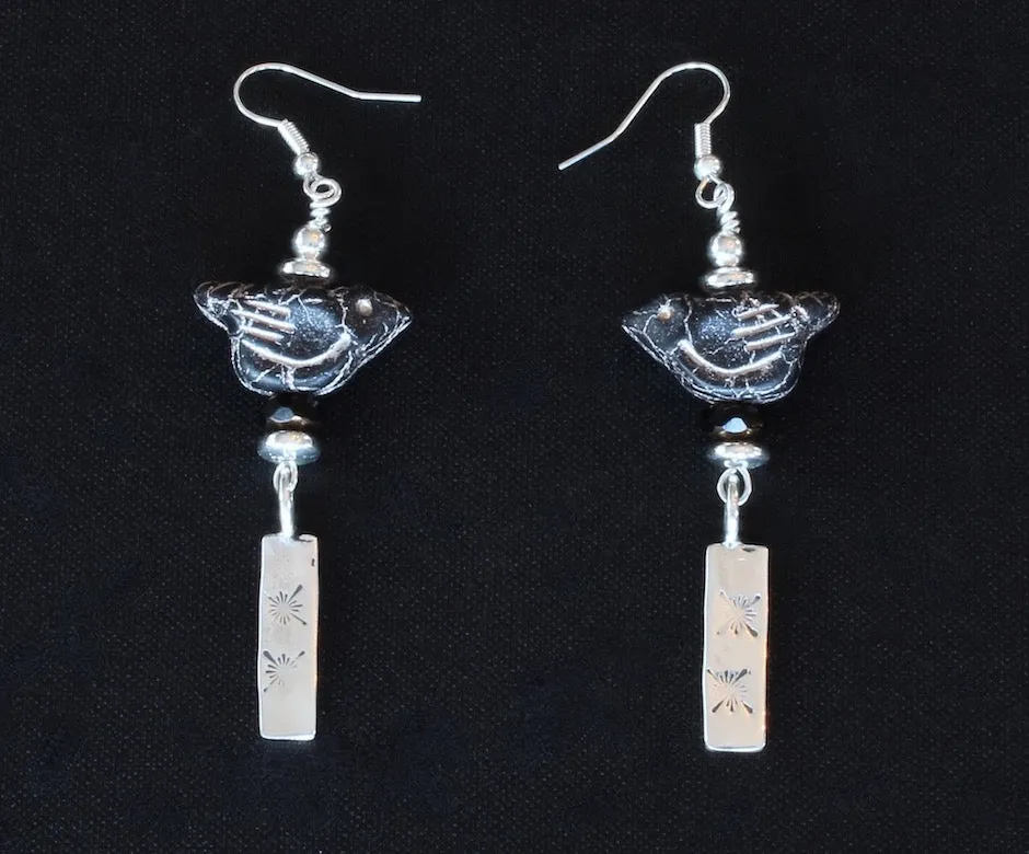 Black Czech Glass Bird Earrings with Sterling Silver Discs and Earring Dangles