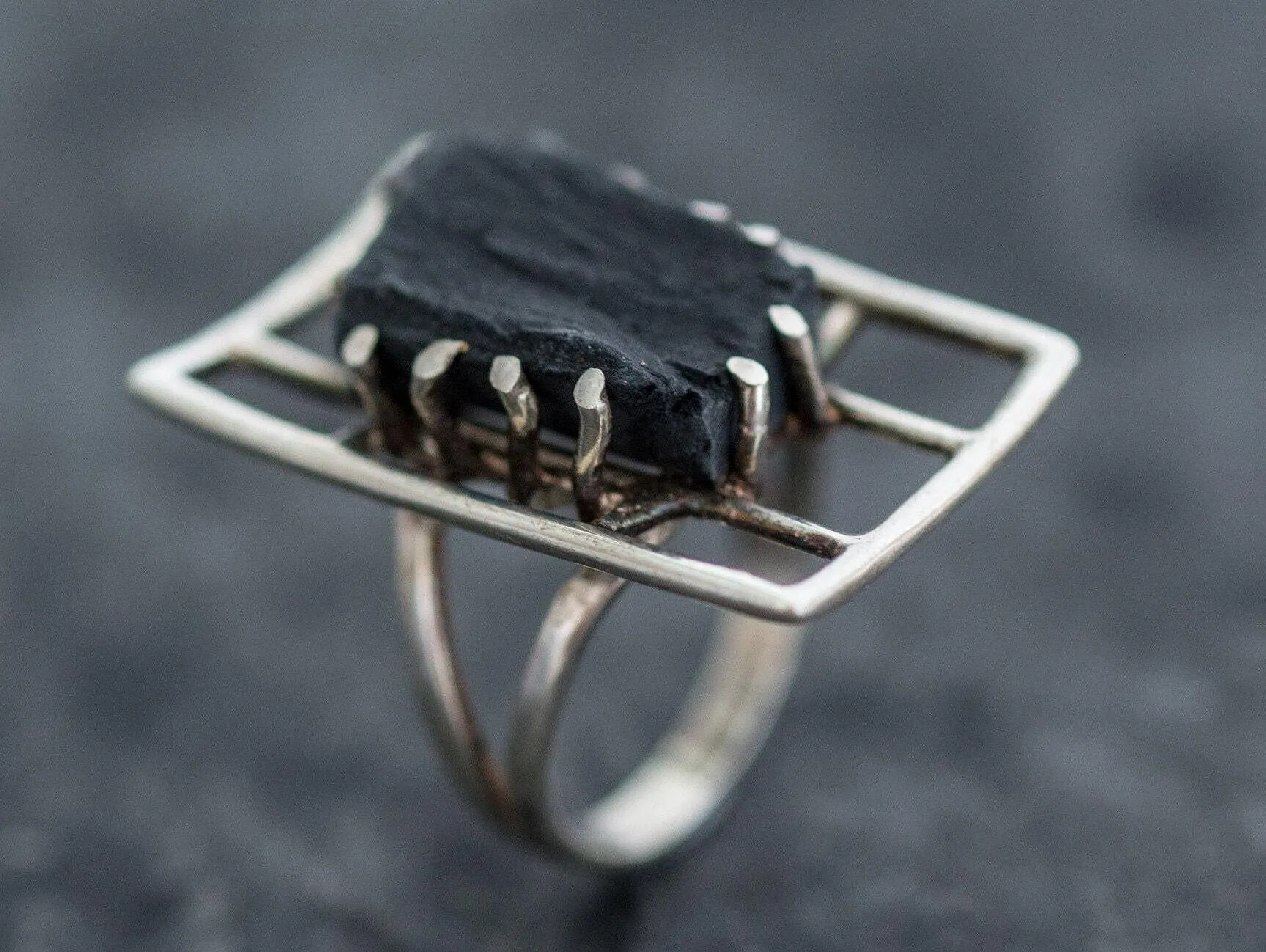 Black Statement Ring - Natural Black Agate Ring - Artistic Silver Ring