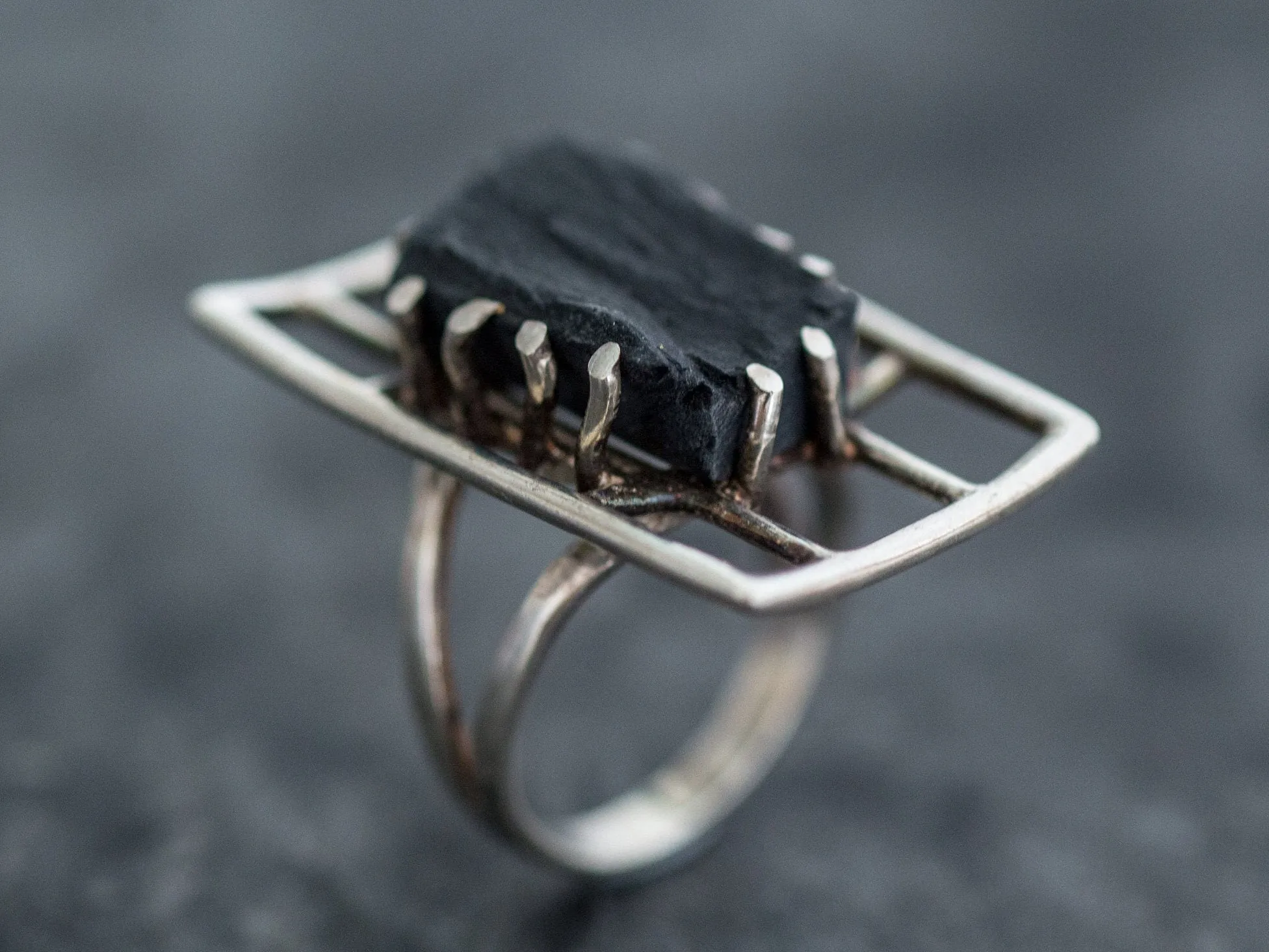 Black Statement Ring - Natural Black Agate Ring - Artistic Silver Ring