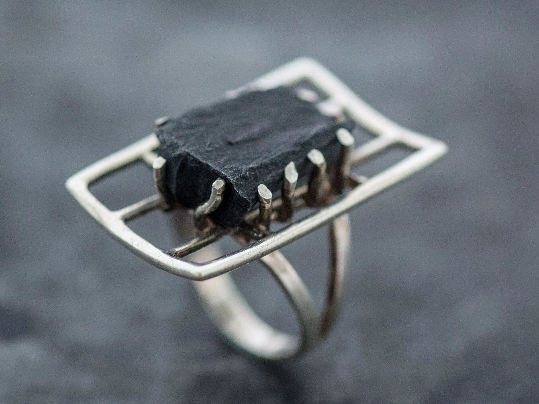 Black Statement Ring - Natural Black Agate Ring - Artistic Silver Ring