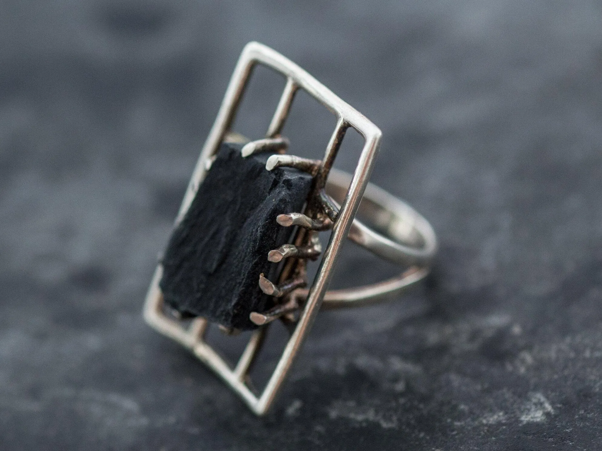 Black Statement Ring - Natural Black Agate Ring - Artistic Silver Ring