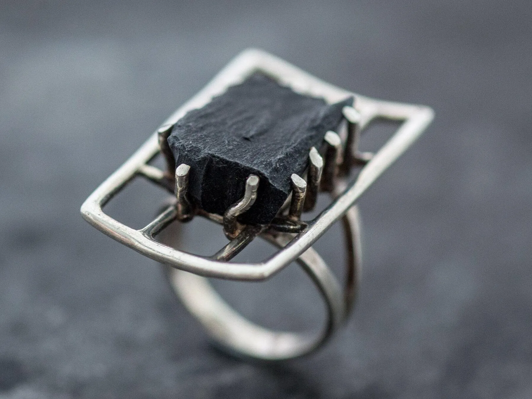 Black Statement Ring - Natural Black Agate Ring - Artistic Silver Ring