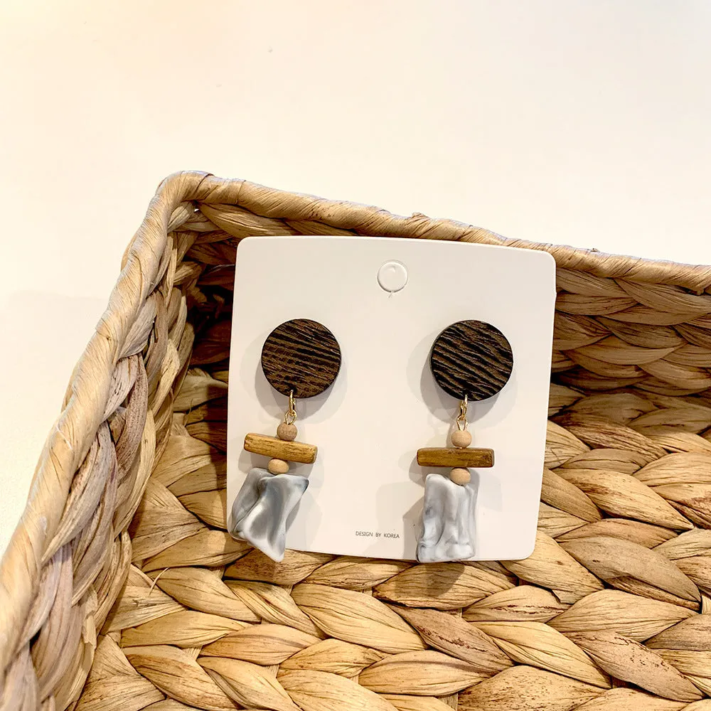 Bohemian Wood and Marble Dangle Earrings-jlt11674