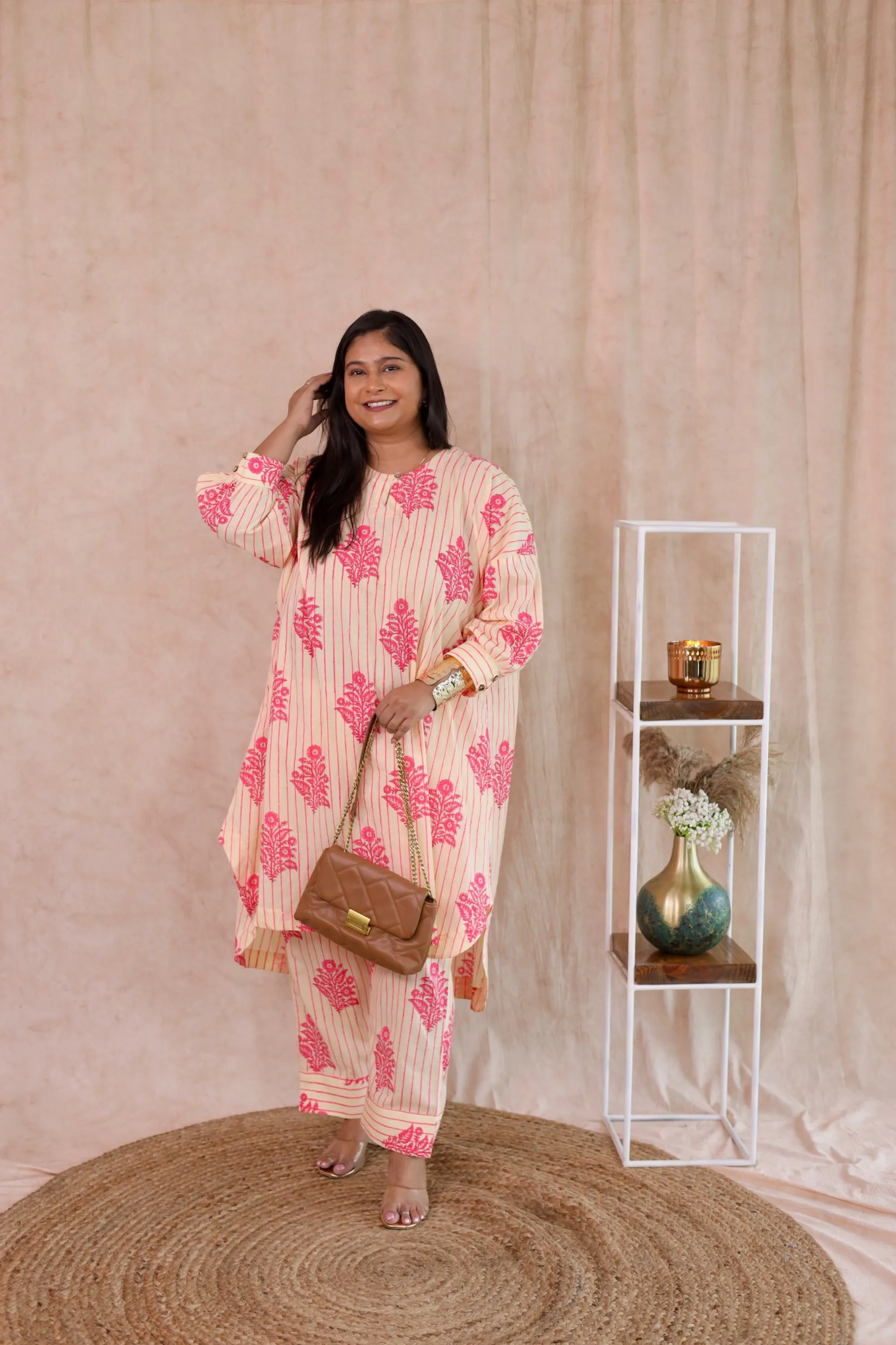 Boxy Pink Crème Block Printed Co Ord Set