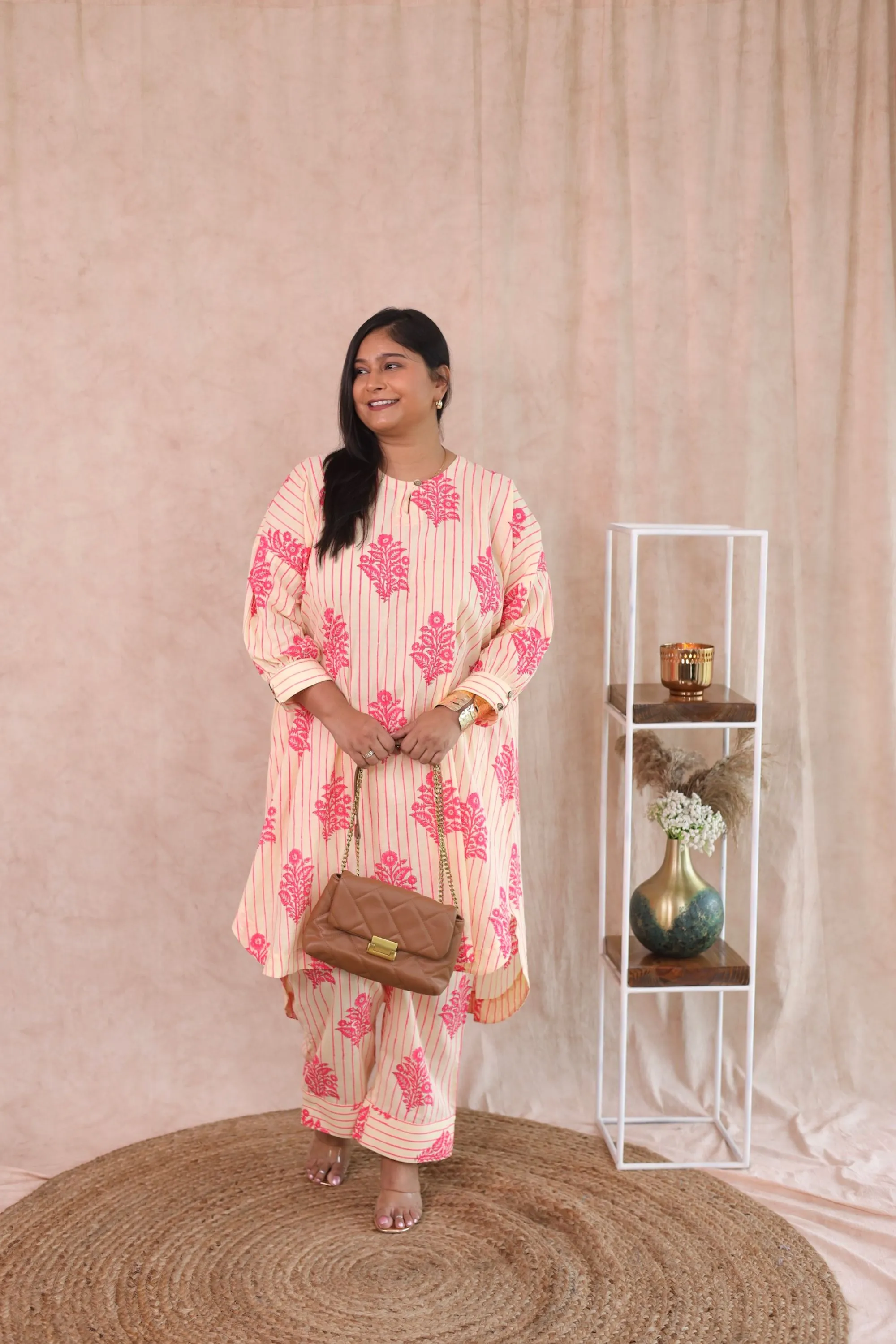 Boxy Pink Crème Block Printed Co Ord Set