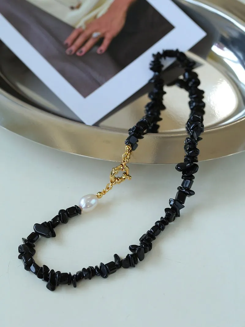 Brilliant Black Onyx Crushed Stone and Pearl Necklace