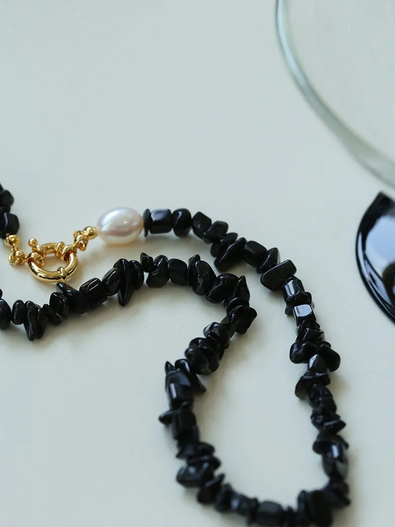 Brilliant Black Onyx Crushed Stone and Pearl Necklace