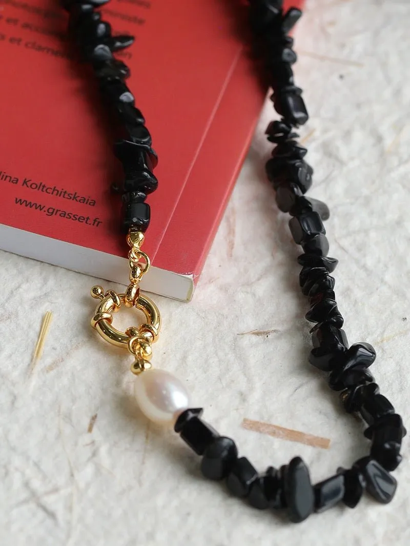 Brilliant Black Onyx Crushed Stone and Pearl Necklace