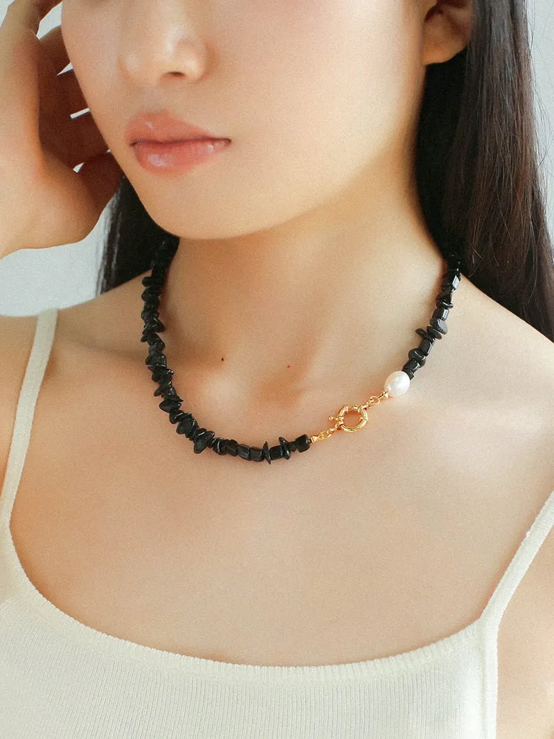 Brilliant Black Onyx Crushed Stone and Pearl Necklace