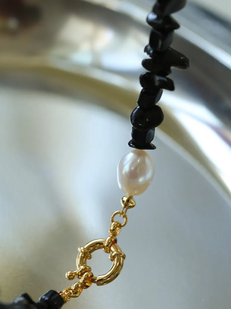 Brilliant Black Onyx Crushed Stone and Pearl Necklace